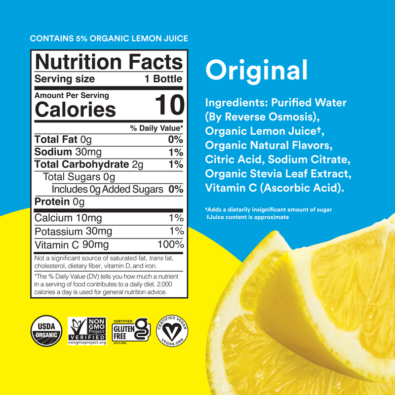 A product information graphic for a bottled beverage, showing a Nutrition Facts label, ingredient text, and a large lemon slice on a bright blue and yellow background. The text reads 'Original' and 'Contains 5% organic lemon juice.